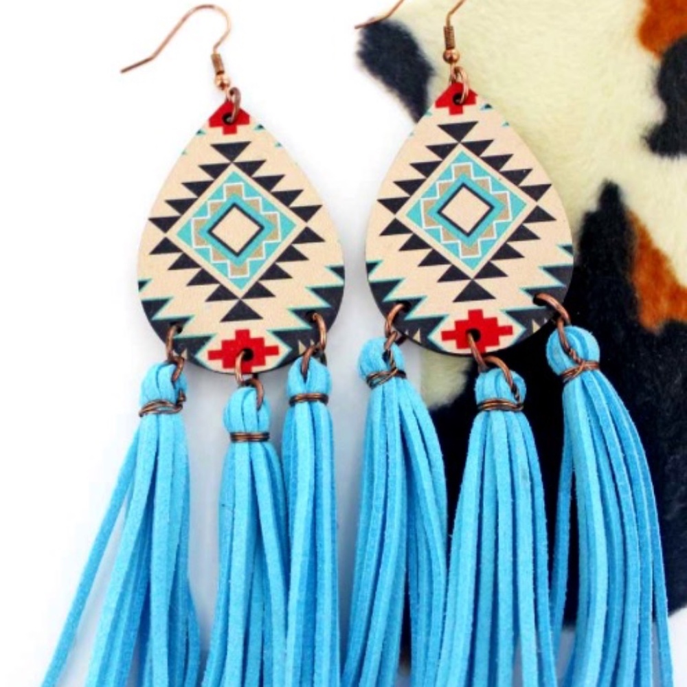 Tribal Southwestern Aztec Sandy Wood Teardrop Tassel Fringe Earrings